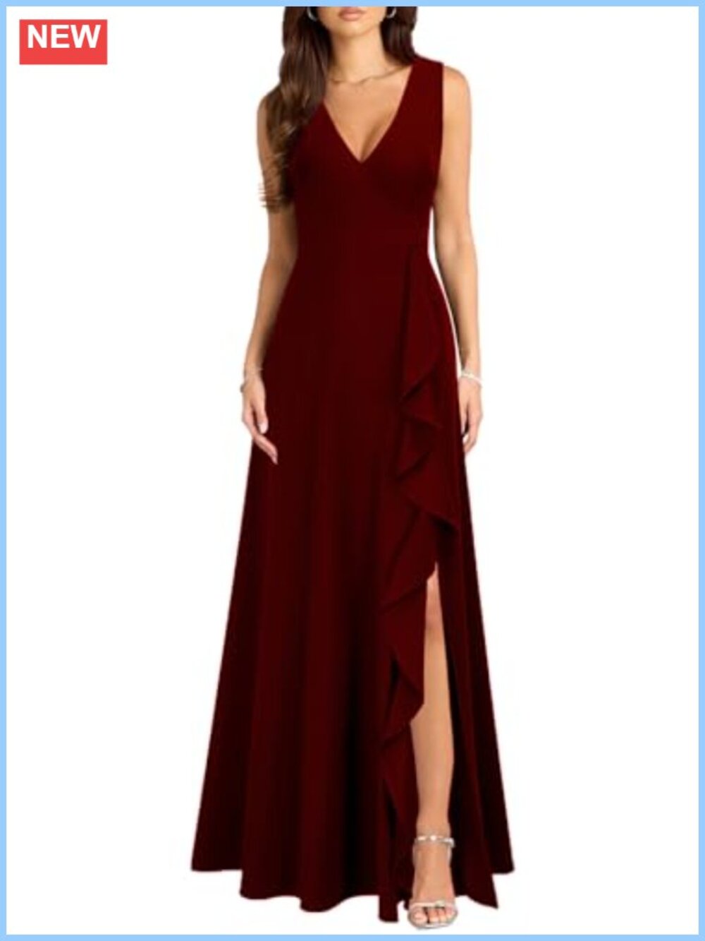 MUSHARE Women's V Neck Split Cocktail Dress with Pockets Ruffle Party Long